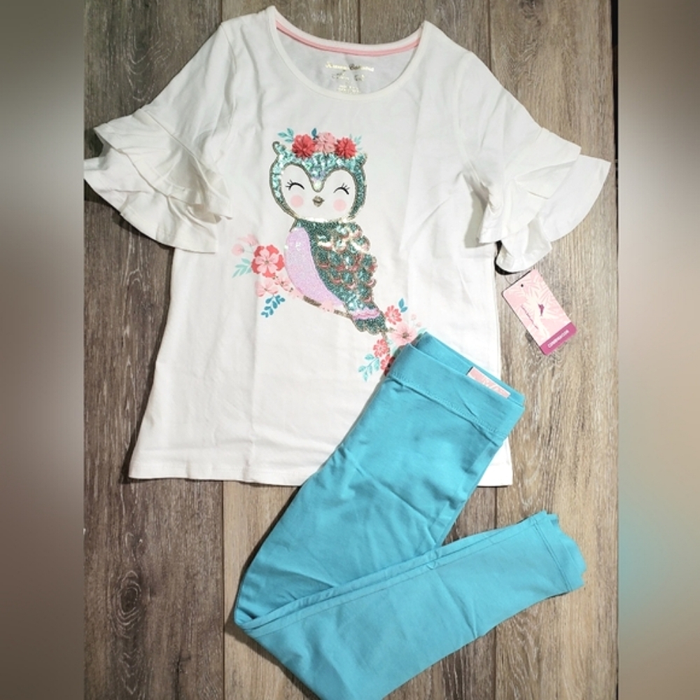 Tommy Bahama White Owl Sequined Graphic Tee and Teal Blue Leggings Set size 7/8